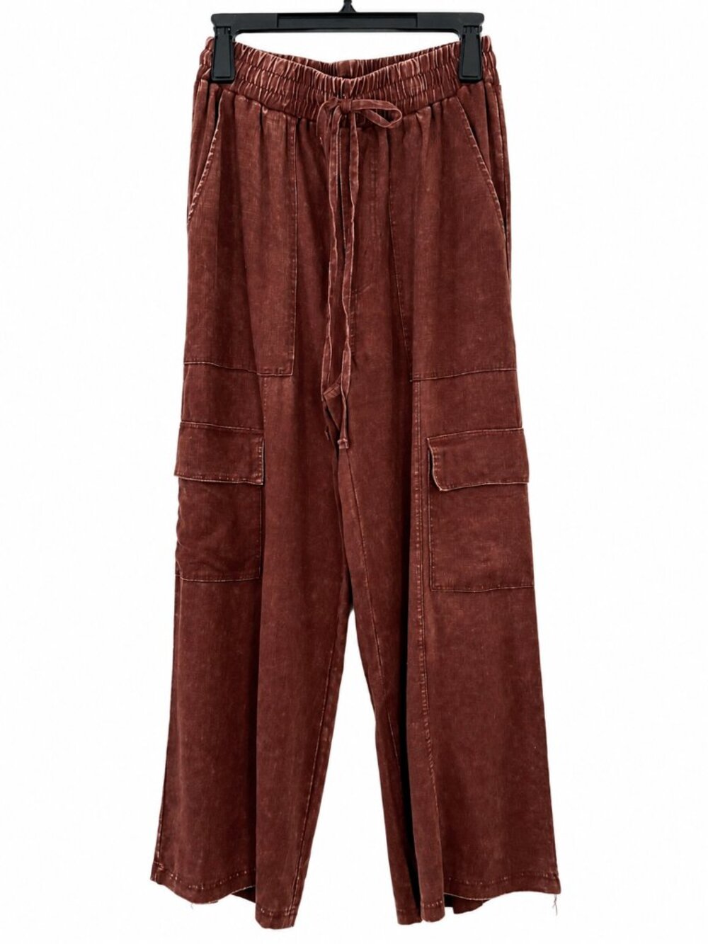 Zenana Outfitters Linen Blend Mahogany Mineral Wash Wide Leg Cargo Pants NWT - Picture 8 of 13